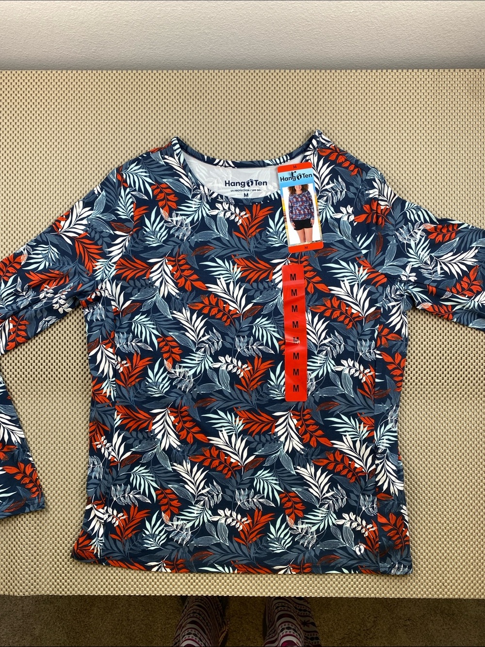 Hang Ten Navy Long-Sleeve Top with Red & White Leaf Print UV Protection 50+ NWT